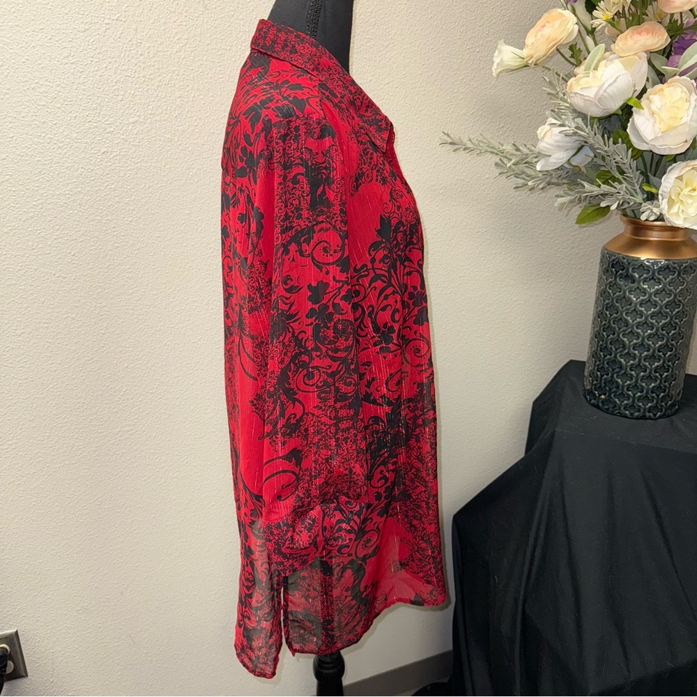 Catherines Red Black Sheer Tunic Blouse 1X Plus Size Gothic Boho - Picture 5 of 8